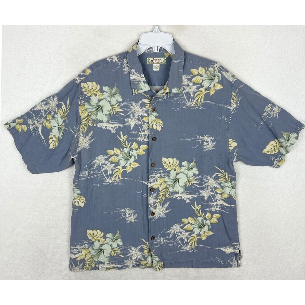 Tommy‎ Bahama Hawaiian Shirt Mens Large Button Up Blue Silk Floral Island Tree